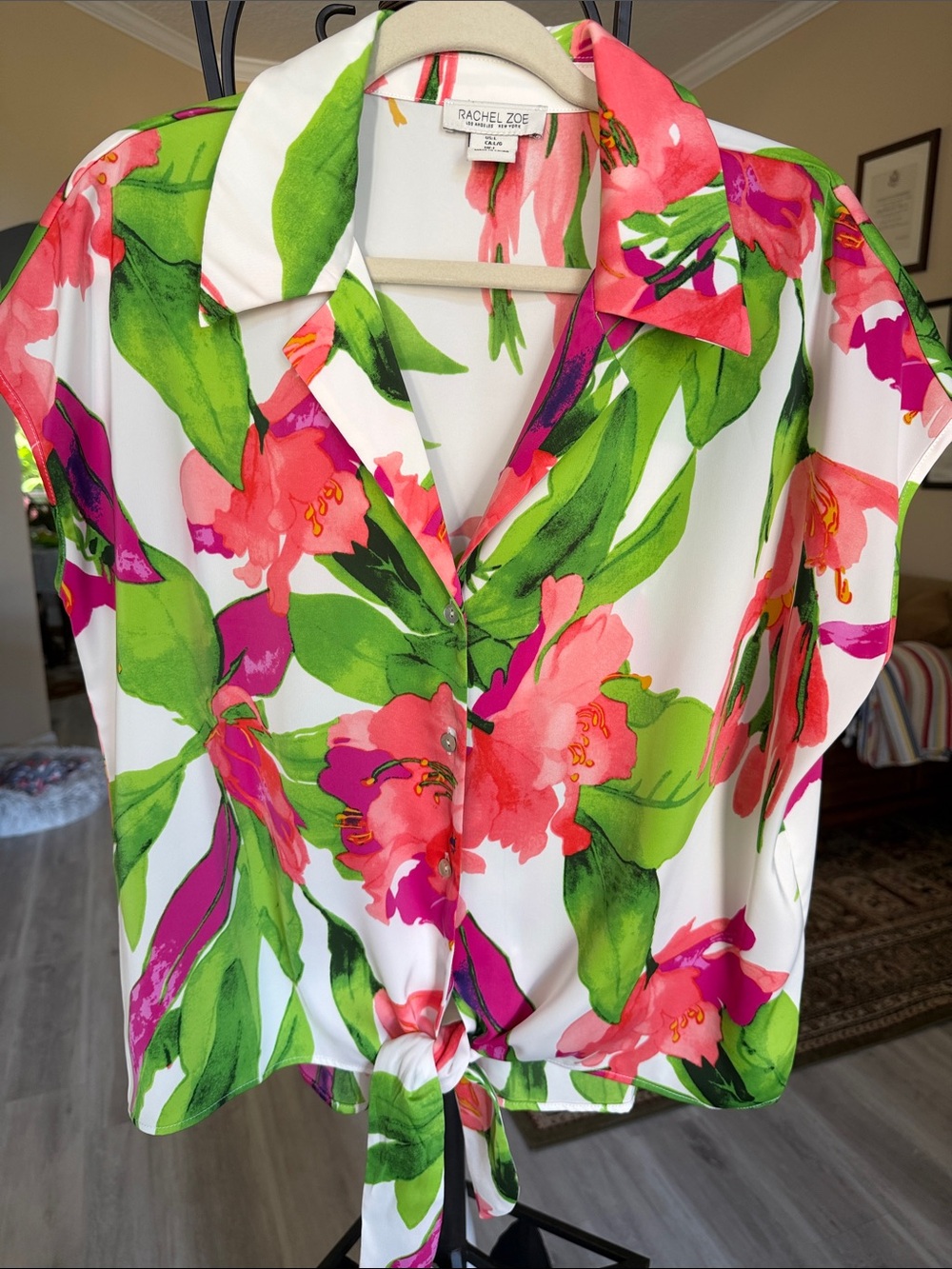 Rachel Zoe White Blouse with Pink Floral and Green Leaves